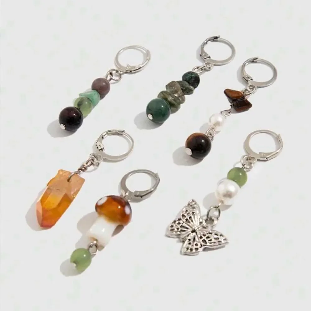 Bohemian Set Hair Charms, Butterfly, Crystal, Glass Mushroom, Silver Tone, Stone